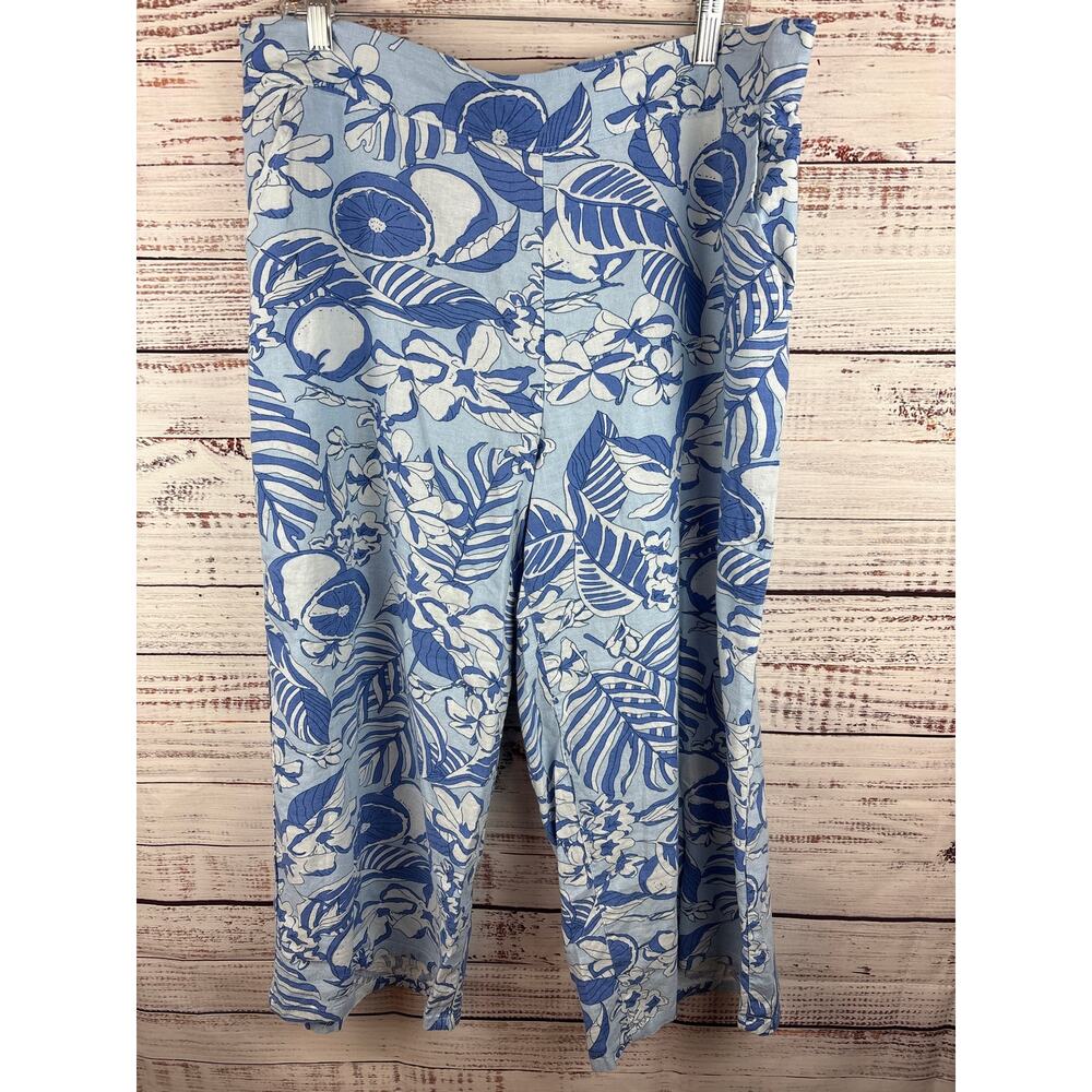 Womens Dash Linen Blend Blue White Tropical Print Wide Leg Pull On Ankle Pant XL